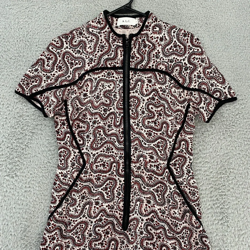 ALC Dress Womens 4 Floral Zip Up 100% Silk Short Sleeve Piping‎ Red Black White